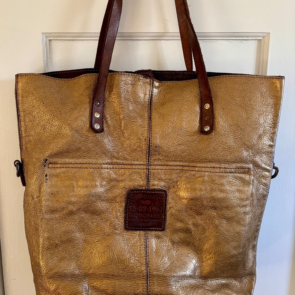 Campomaggi Metallic Gold Leather Tote with Brown Straps